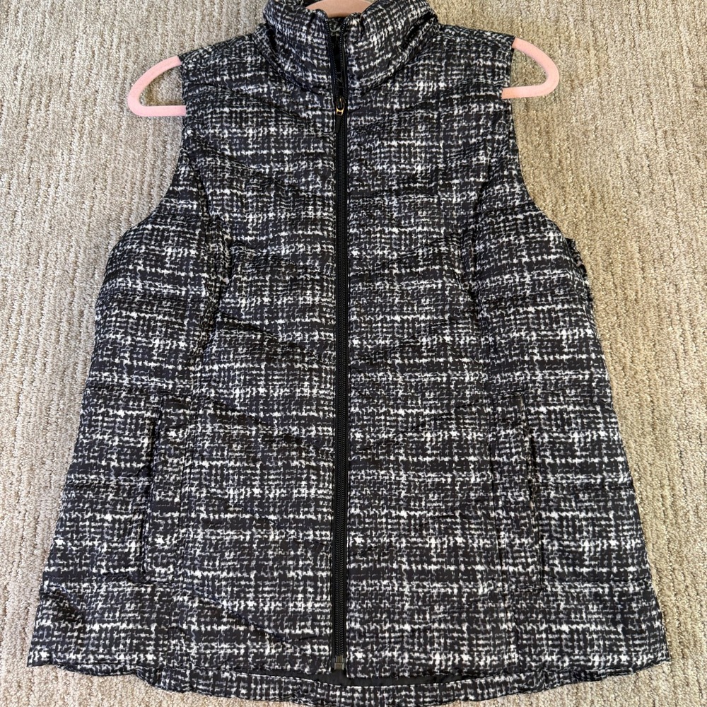 Lands End Womens Black White Grid Down Puffer Vest Size S 6-8 488142